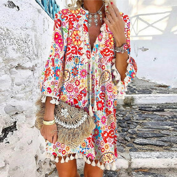 Tejiojio Summer Dresses for Women Fashion Women Summer Casual Print Dress V-Neck Short Sleeve Loose Dress