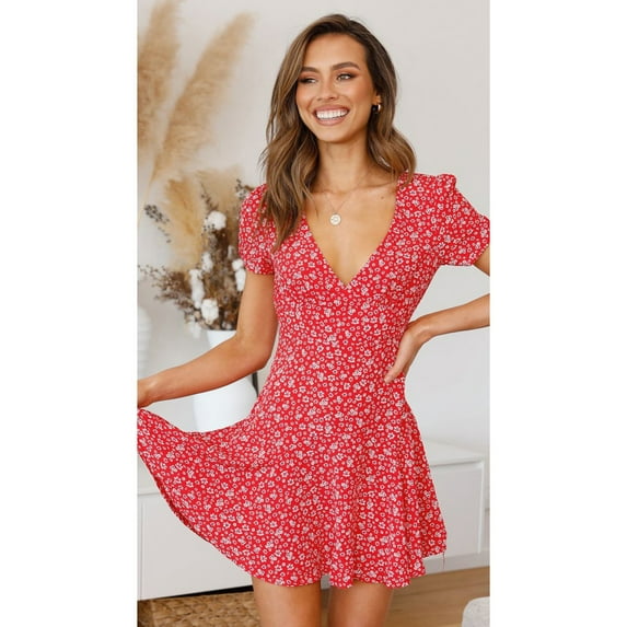 Tejiojio Summer Dresses for Women Women Floral Print Short Sleeve Sexy V Neck Cocktail Party Beach Mini Dress