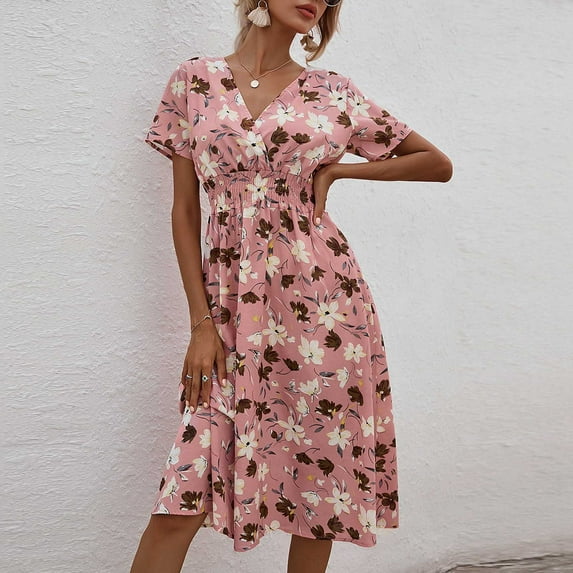 Tejiojio Summer Dresses for Women Women Summer Casual Short Sleeve V-Neck Floral Dresses Slim Dress