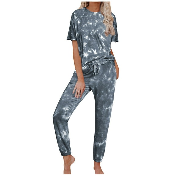 Tejiojio Summer Dresses for Women Women's Fashion Slim Contrast Lace Elastic Waist Short Sleeve Casual Two Piece Suit Pajamas