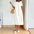 thumbnail image 1 of Tejiojio Summer Dresses for Women Clearance Women's Summer Fashion Solid Color Round Neck Short Sleeve Cotton Linen Dress, 1 of 9