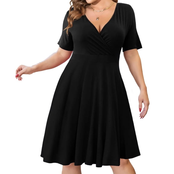 Tejiojio Summer Dresses for Women Womens Casual Plus Size V-Neck Solid Short Sleeve Boho Dress Swing Dress With Pockets