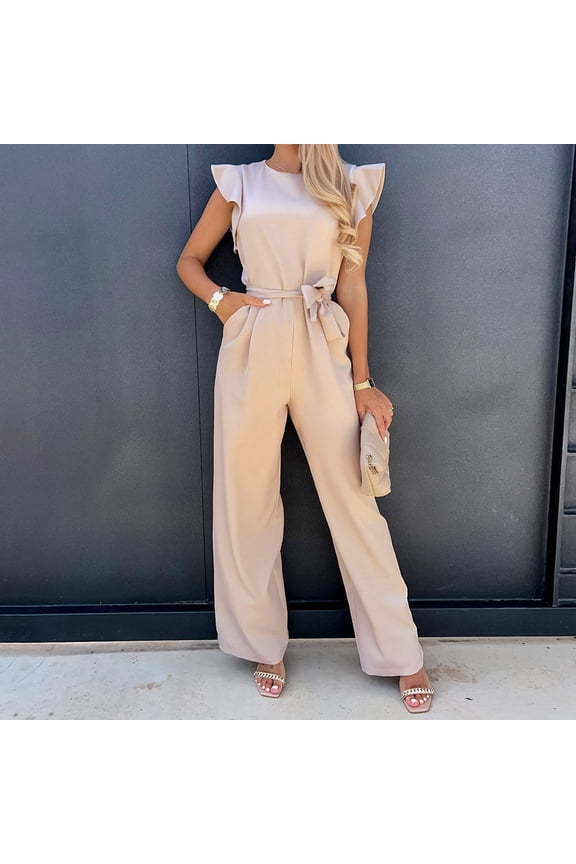 Summer Dresses for Women Womens Fashion Summer Solid Casual Ruffle Short Sleeve Suspender Jumpsuit