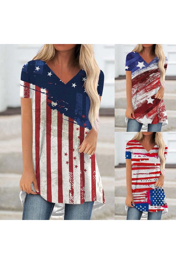 Summer Saving Labor Day Womens V Neck Printing Short Sleeve Tops