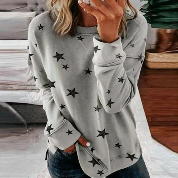 Tejiojio Summer Saving Labor Day Fashion Women Print Long Sleeve Comfortable Breathable Round-Neck Shirt Tops