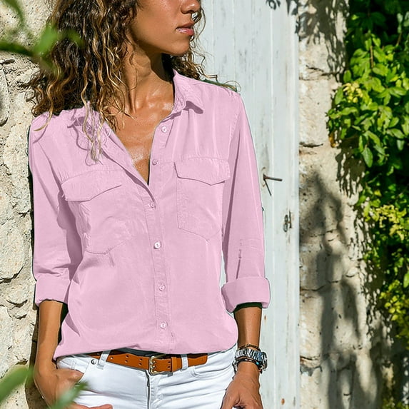 Tejiojio Summer Saving Labor Day Women Loose Casual Long Sleeve Solid Turn Down Collar Casual Blouse T-shirt Tops