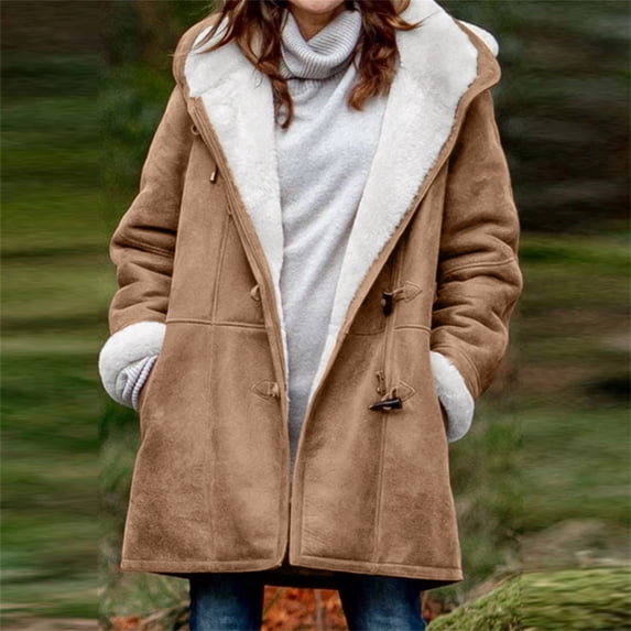 Tejiojio Summer Saving Labor Day Women Winter Plus Size Solid Plus Velvet Coat Long Sleeve Horn Buckle Pocket Overcoat Tops