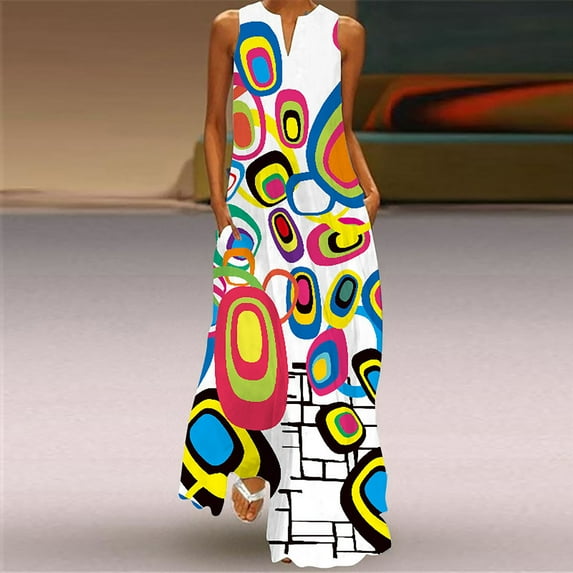 Tejiojio Summer Saving Labor Day Women's Casual Long Dress With Striped Floral Print Sleeveless Maxi Dress