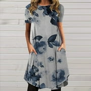 TEJIOJIO Summer Savings Wedding Guest Dresses Round Neck Printing Short Sleeve Dress With Pocket