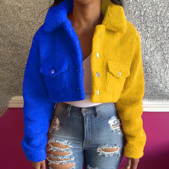 Tejiojio Tops Clearance Women's Short Woolen Coat Color Blocking Long Sleeved Winter Warm Jacket Tops