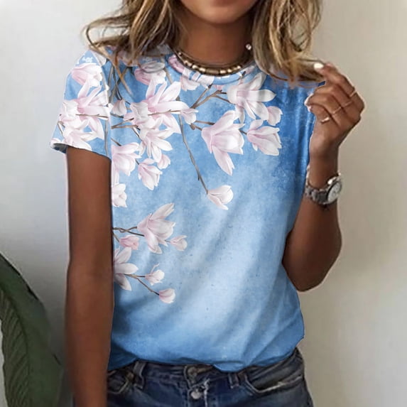 Tejiojio Tops for Women, Clearance Summer Women's Casual Loose Floral Print Crewneck Printed Short Sleeve T-Shirt Tops