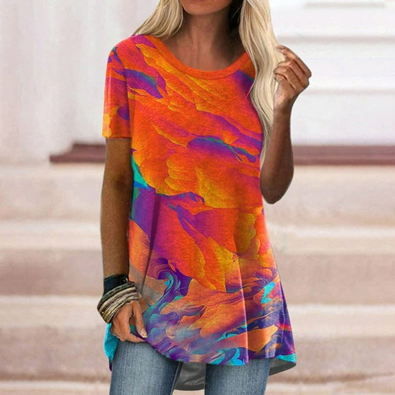 Tejiojio Tops for Women, Summer Women's Fashion Casual Round-Neck Ethnic Vintage Print Short Sleeve T-Shirt Top