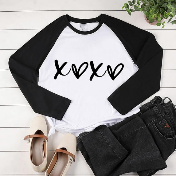 Tejiojio Valentines Day Sweatshirt Women Love Heart Shirts Valentine Pullover Long Sleeve Tops Stitching Round Collar Long Sleeve Top