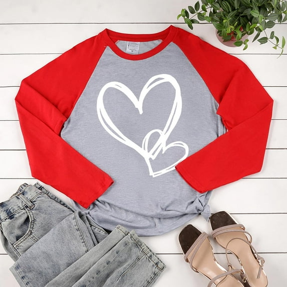 Tejiojio Valentines Day Sweatshirt Women Love Heart Shirts Valentine Pullover Long Sleeve Tops Stitching Round Collar Long Sleeve Top