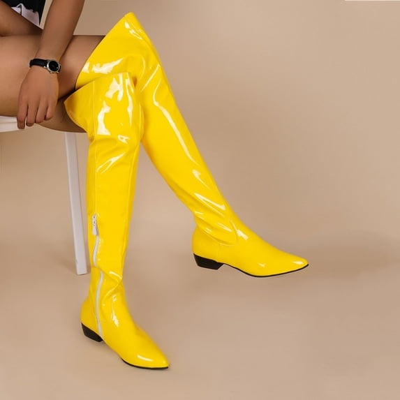 Tejiojio Waterproof Boots for Women, Fall/Winter Candy Low Heel Patent Leather Side Zip Tall Over-the-Knee Boots