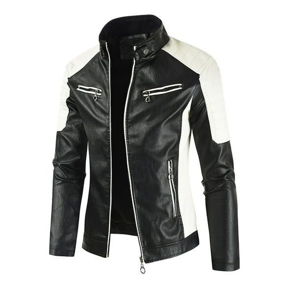 Tejiojio Winter DiscountMen's Stand Collar Pocket Zipper Color Block Casual Leather Jacket