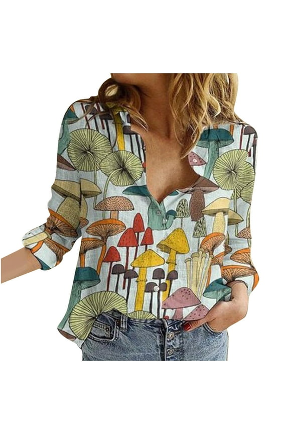 Women Clothes Fashion Women Casual Turndown Collar Print Long Sleeve Button Shirt Blouse