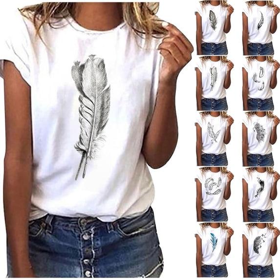 Tejiojio Women Clothes Clearance Fashion Women O-Neck Short Sleeve T-Shirt Feather Print Casual Top Tee Blouse
