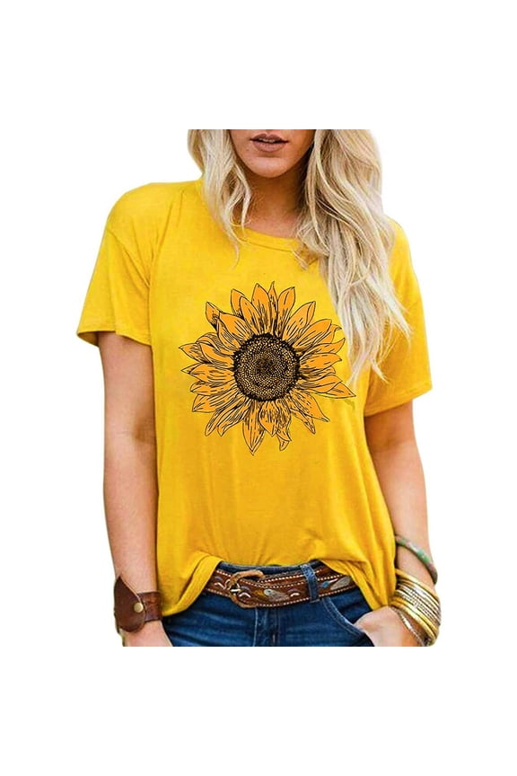 Women Clothes Plus Size Women Short Sleeve Floral Printed Sunflower O-Neck Tops T-Shirt Blouse