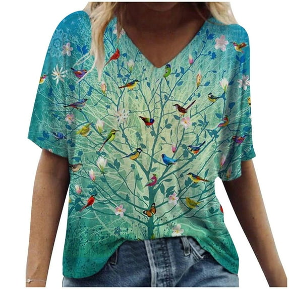 Tejiojio Women Clothes Clearance Plus Size Women Short Sleeve Printed V-Neck Tops Tee T-Shirt Blouse