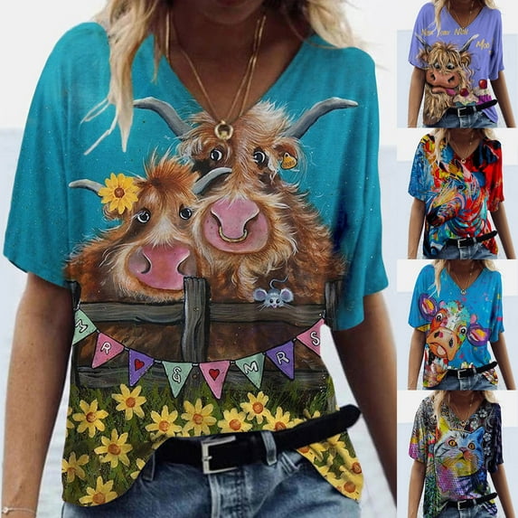 Tejiojio Women Clothes Clearance Plus Size Women Short Sleeve Printed V-Neck Tops Tee T-Shirt Blouse