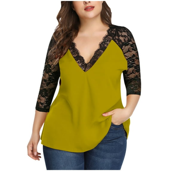 Tejiojio Women Clothes Clearance Plus Size Womens Casual Long Sleeve Solid Lace V-Neck Splicing T-shirt Net Yarn Tops