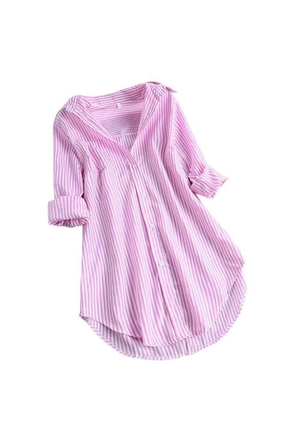 Women Clothes Women Chic Stripe Long Sleeve Turn-down Collar Button Loose Top Shirts Blouse