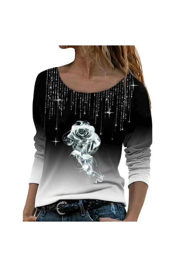 Women Clothes Women Fashion Loose O-Neck Printed Long Sleeve Top