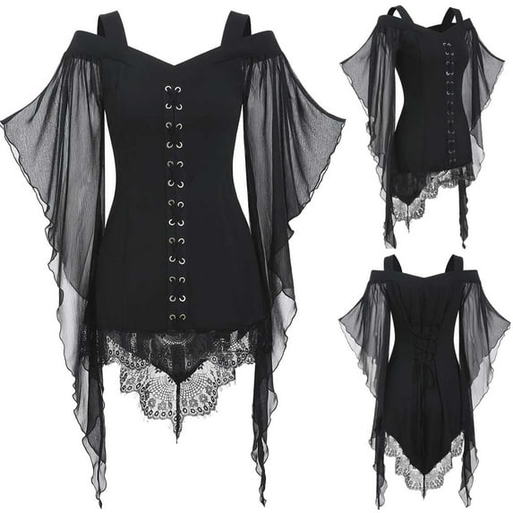 Tejiojio Women Clothes Women Gothic Criss Cross Lace Insert Sleeve T-shirt Plus Size Tops