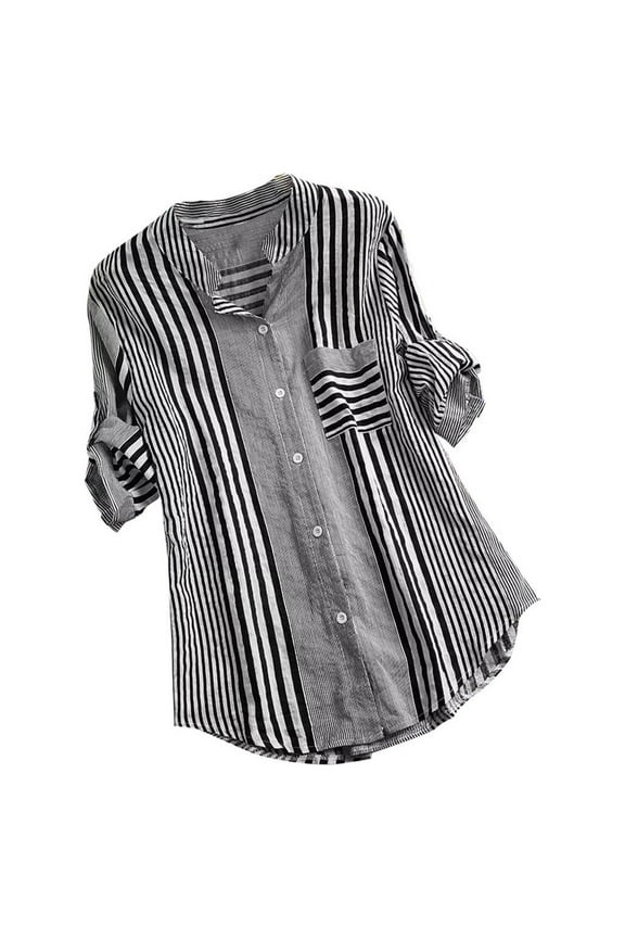 Women Clothes Women Plus Size Three Quarter Striped Print V-Neck Loose Fit Top T-Shirt Blouse
