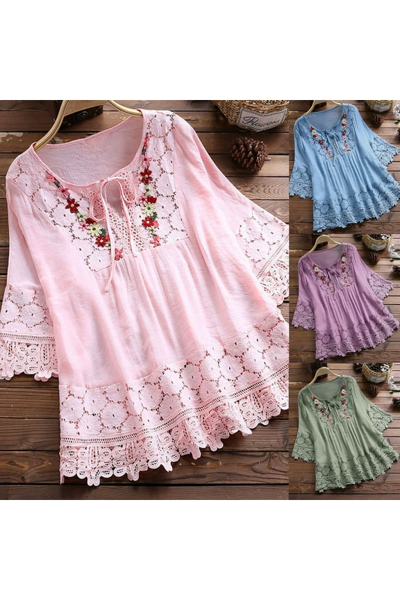 Women Clothes Women Plus Size Three Quarter Striped Print V-Neck Loose Fit Top T-Shirt Blouse