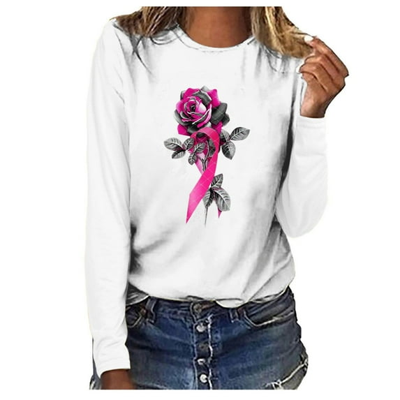 Tejiojio Women Clothes Clearance Women's Breast Cancer Printed L Loose Round Neck Long Sleeve T-shirt Tops Blouse