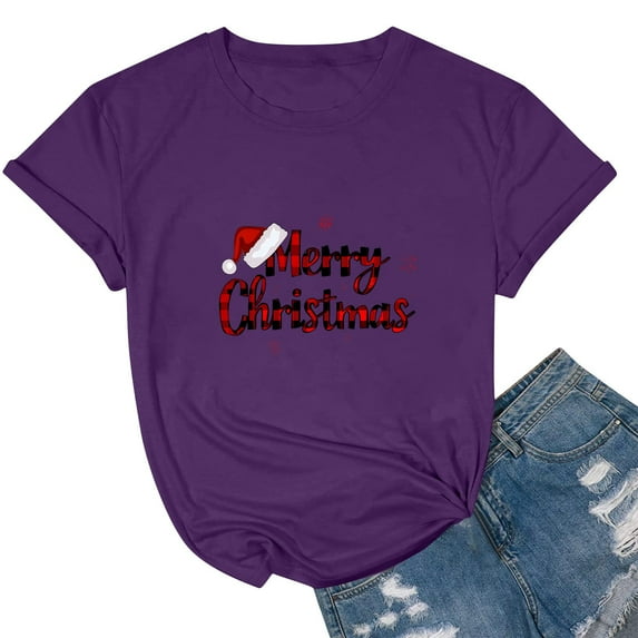 Tejiojio Women Clothes Women's Fall Fashion Short-sleeved Crew-neck Christmas Print Casual Top Pullover Short Sleeve Tshirts for Women