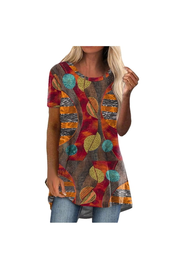 Women Clothes Women's Fashion Casual Round-Neck Ethnic Vintage Print Short Sleeve T-Shirt Top