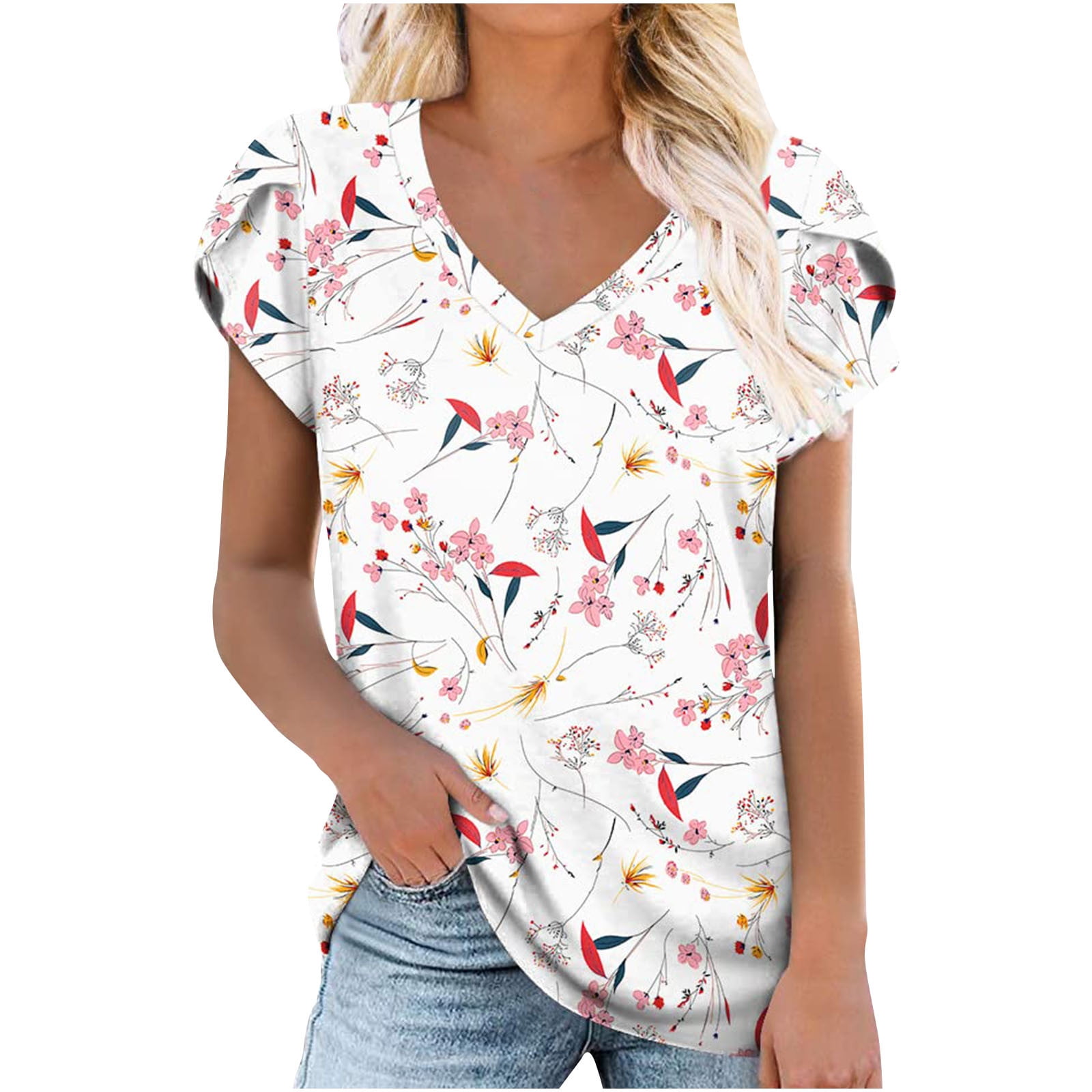 Tejiojio Women Clothes Clearance Fashion Woman Causal V-Neck Printing Blouse  Short Sleeve T-Shirt Summer Tops 