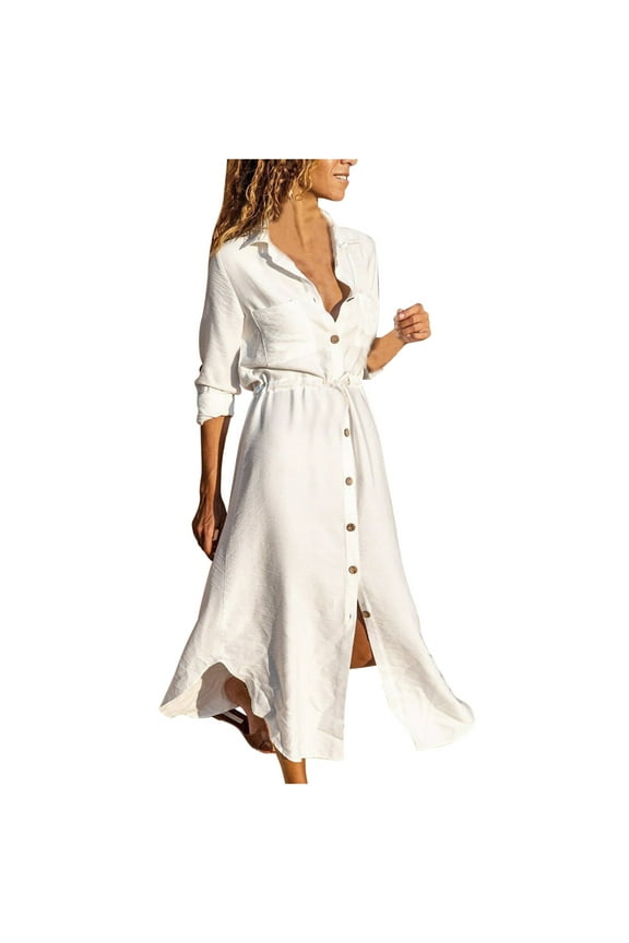 Women Clothes Women's Solid Color Single Breasted Lapel Drawstring Shirt Dress Cotton Linen Dress