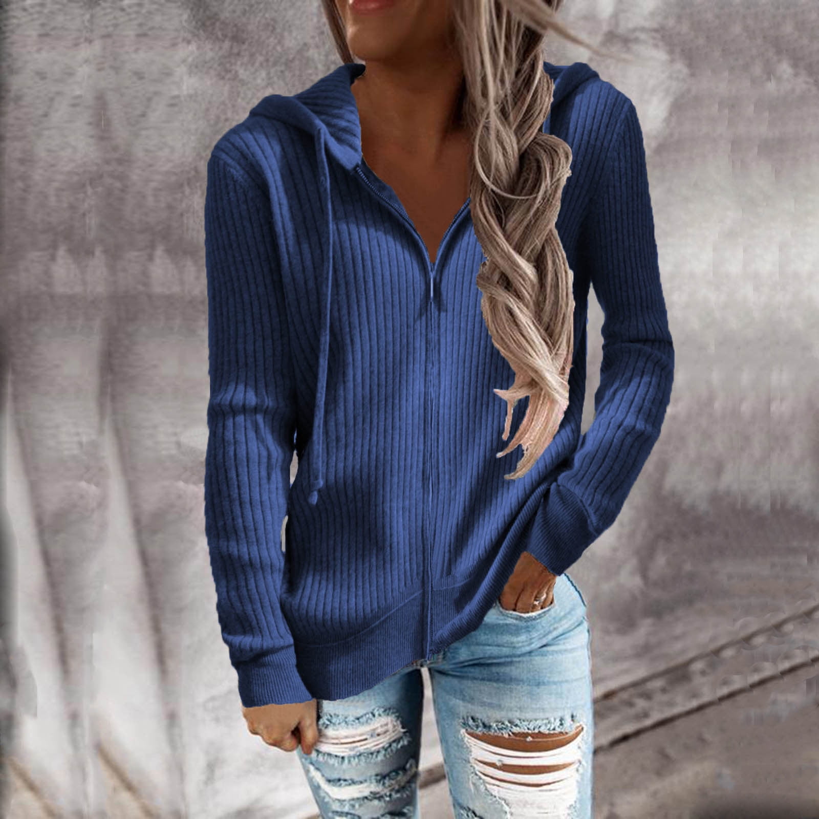 Tejiojio Women Clothes Discounted Fashion Casual Women's Solid Long Sleeve  Hooded Sweatshirt Zip Tops Ladies Cardigan Coat