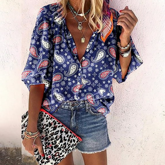 Tejiojio Women Clothes Discounted Fashion Women Loose V-neck Printed Front Button Cardigan Shirt Tops T-shirt