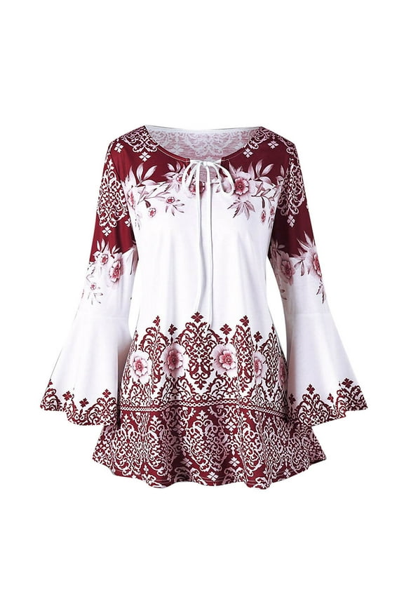 Women Clothes Fashion Womens Plus Size Printed Flare Sleeve Tops Blouses Keyhole T-Shirts