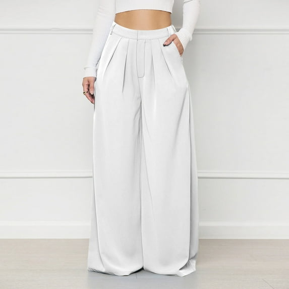 Tejiojio Women Clothes Wholesale Women's Petite Solid Elegant High Waist Pockets Wide Leg Pants Trousers Flare Trousers Zipper Pants