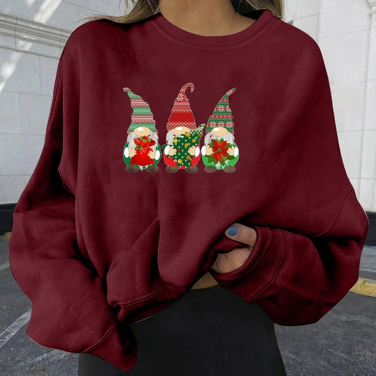 Tejiojio Women clothing Gifts Women's Fashion Loose Christmas Print Sleeve  Round Neck Sweater 