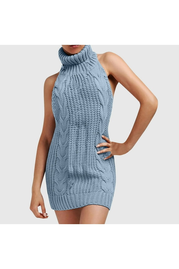 Women's Day Casual Dresses Backless Long Tie Open Turtleneck Sleeveless Sweaters Dress