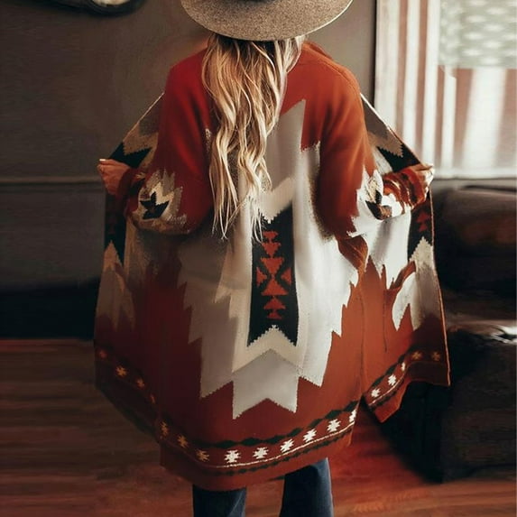 Tejiojio Women's Day Women's Winter Vintage Tribal Knitted Cardigan Sweater Coat Blouse Top