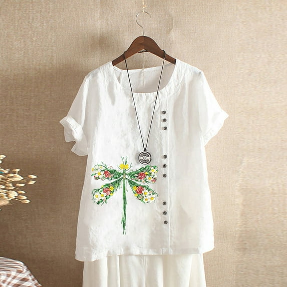 Tejiojio Women's Day Clearance Womens Plus Size Short Sleeve Print Buttons Cotton Linen Vintage Tops