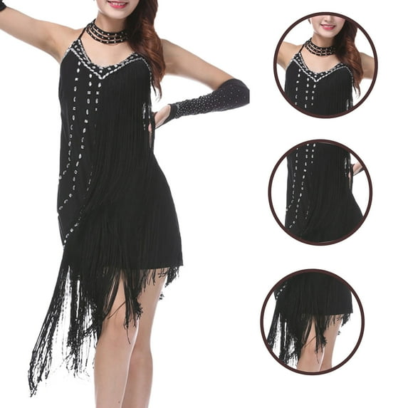 Tejiojio Women's Fashion V-neck Suspender Sequin Fringe Off-the-shoulder Dress Sleeveless Solid Mini Dress Party Dresses