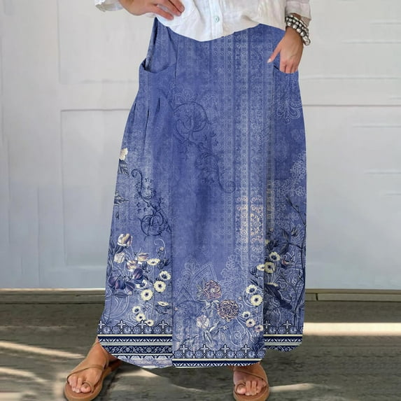Tejiojio Women's Printed Elastic Waistband Pleated Pocket Skirt with Mid Calf Skirt Classic Slim Dress for Women Spring Fall Clothing