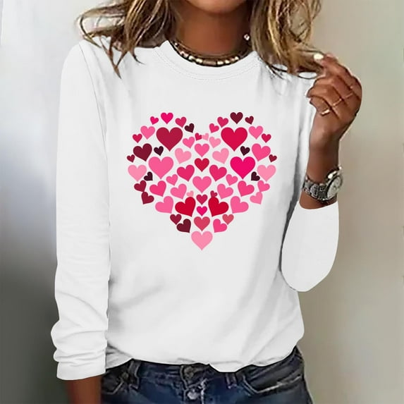 Tejiojio Women's Valentine's Day Fashion Print Loose Comfortable Crew-neck Long Sleeve Tops Pink Heart Sweater for Woman