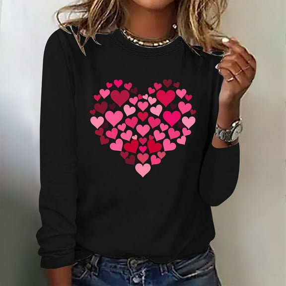 Tejiojio Women's Valentine's Day Fashion Print Loose Comfortable Crew-neck Long Sleeve Tops Pink Heart Sweater for Woman