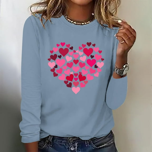 Tejiojio Women's Valentine's Day Fashion Print Loose Comfortable Crew-neck Long Sleeve Tops Pink Heart Sweater for Woman