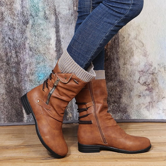 Tejiojio Women's Vintage Winter Zipper Mid-Calf Lace Up Boots, Low Heel Black, Size 8